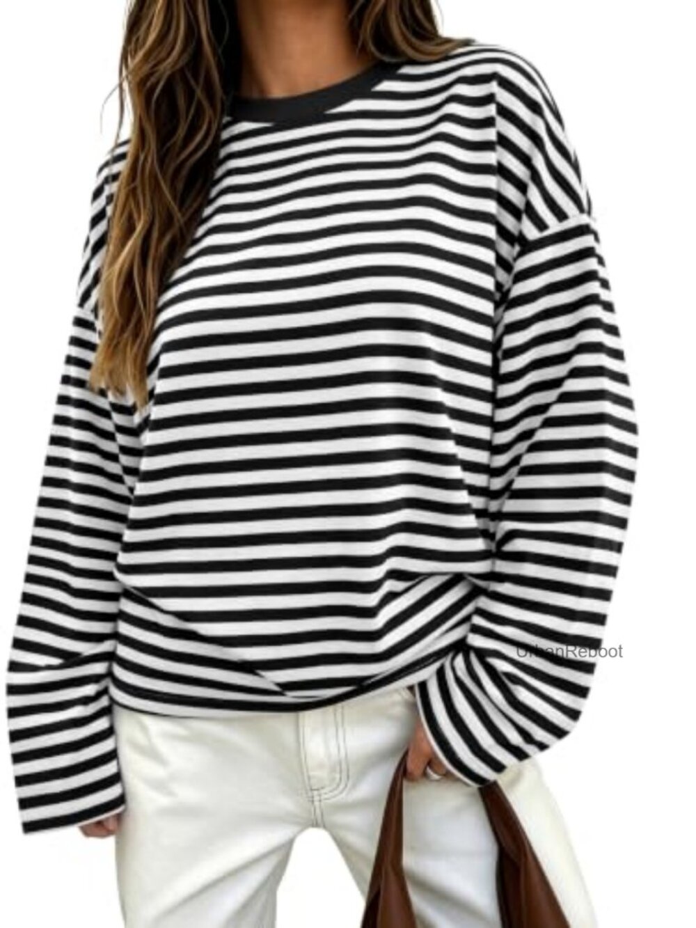 Oversized Striped Long Sleeve T-Shirt Drop Shoulder Ribbed Trim Casual Top